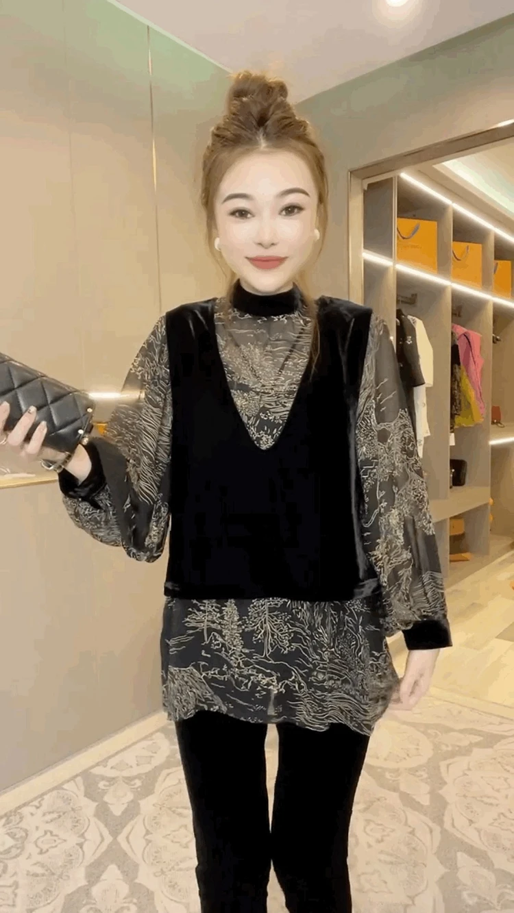 Золотистый бархатный жилет шифоновые рубашки с большими рукавами комплект из