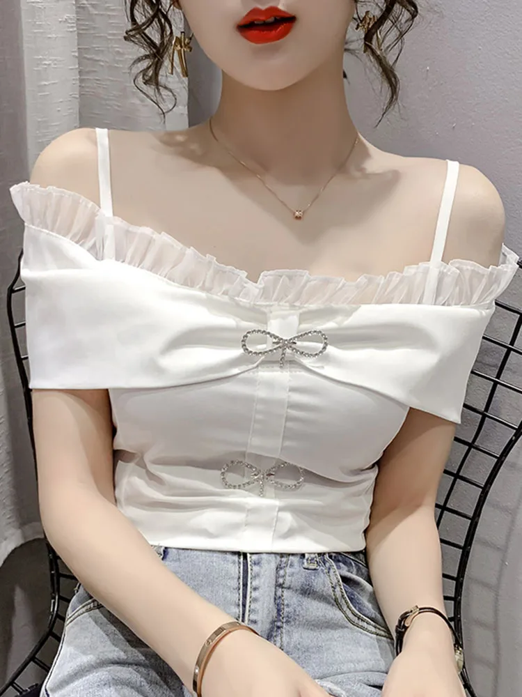 

Slash Neck Top White Shirts Short Sleeve Women Summer Lace Patchwork Crop Tops 2022 Off Shoulder Slim Clothes Chiffon Blouses
