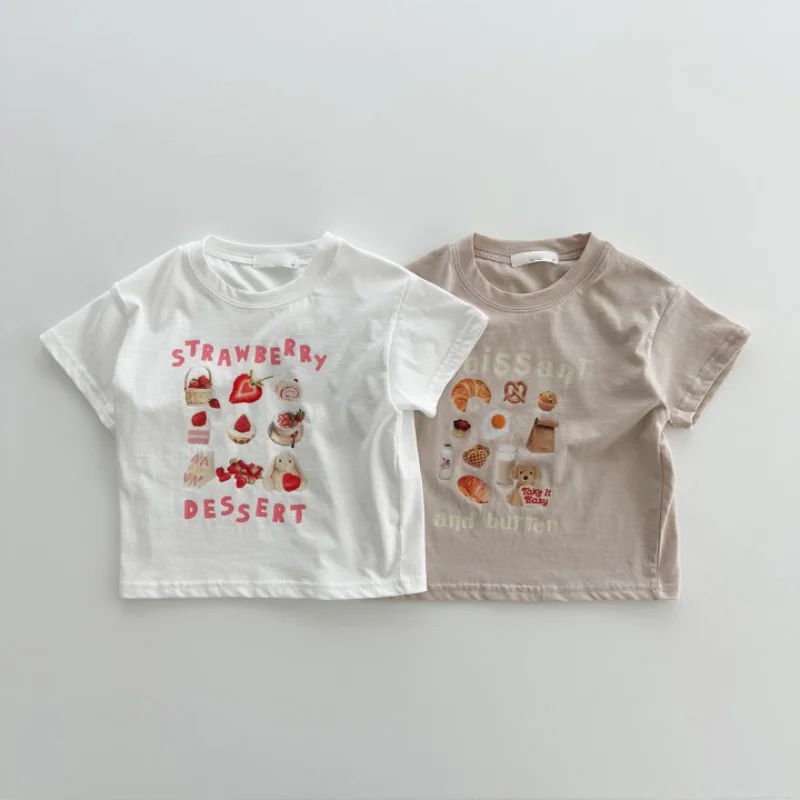 

Children T Shirt 2023 Summer New Food Print Girl's T-shirt Short Sleeve Tops Cartoon Cotton Boy's T Shirt Tees