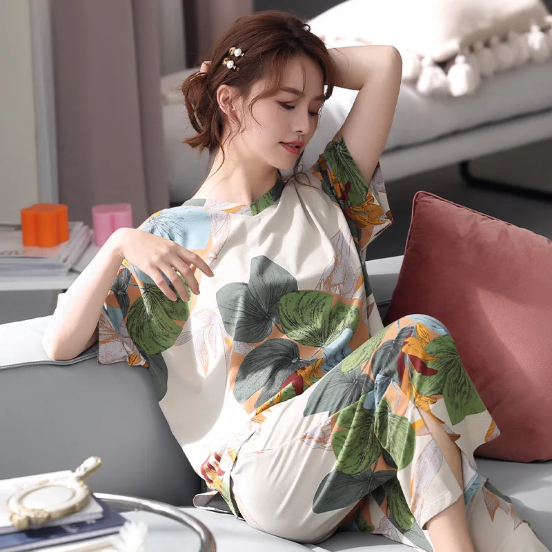 2 Piece Sets Summer Silk Pajamas for Women Short Loungewear Short Sleeves Cropped Pants Fashion Printed Sleepwear Pjs Female