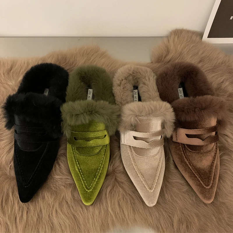 

Women Luxury Velvet Mules Pointy Toe Slip-on Fur Sandals Ladies Brand Design Outdoor Furry Slides Evening Party Heeled Shoes