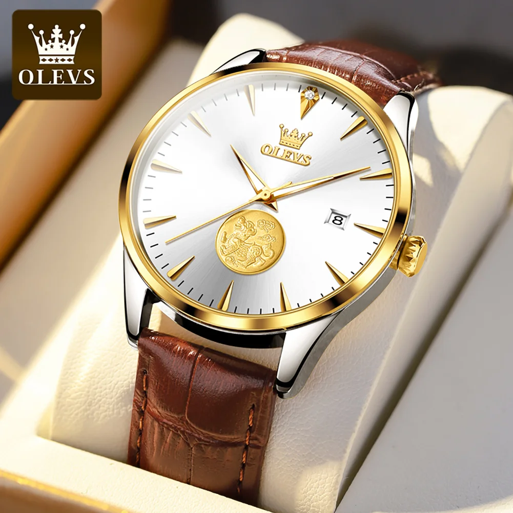 OLEVS Business Men Mechanical Watch Leather Strap Waterproof Mens Fashion Automatic Watches Calendar Wristwatch Reloj Hombre