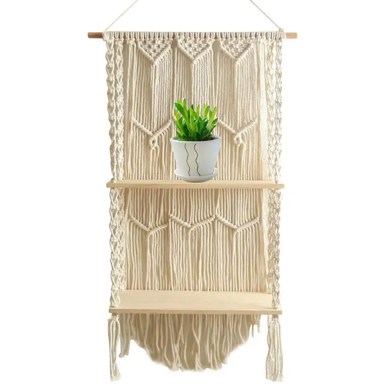 

Cilected Hand-Woven Macrame Tapestry Rack Wooden Shelf For Wall Bohemian Decorative Shelf Wall Hanging Rope Shelf Home Decor