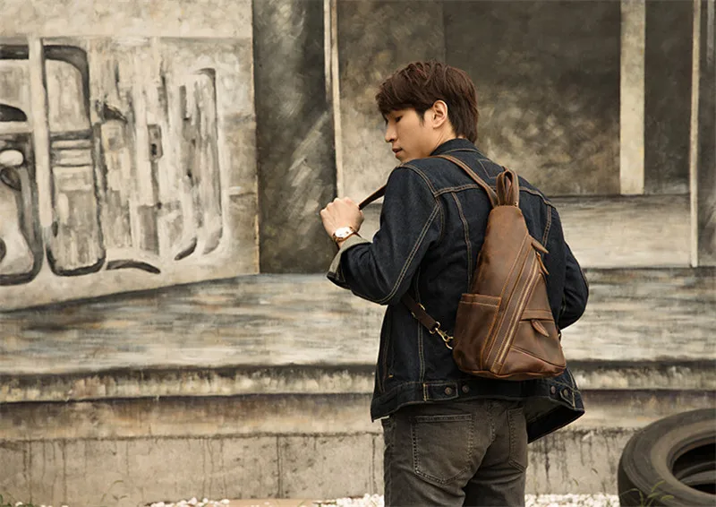 Vinatge crazy horse cowhide men's multi-function chest bag fashion personality design natural genuine leather shoulder backpack