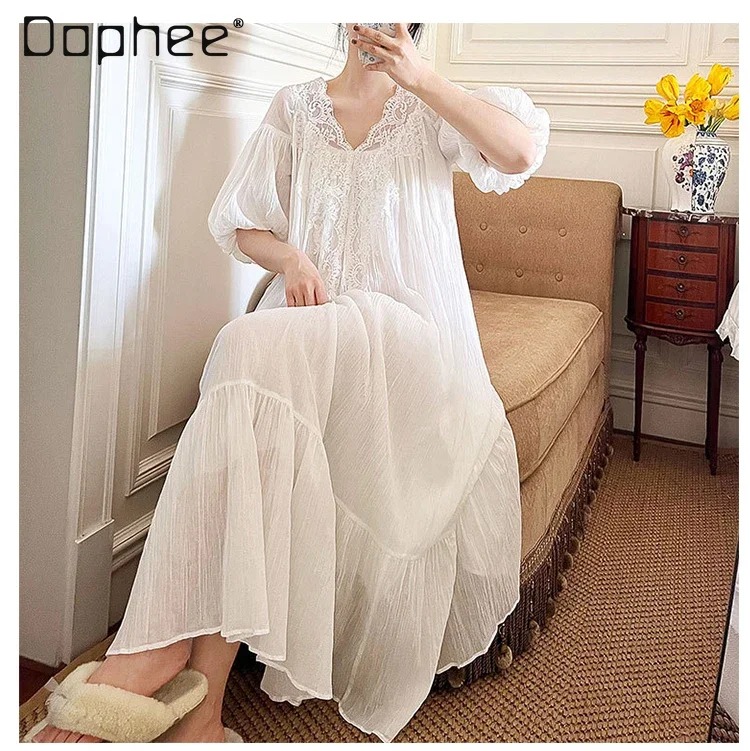 Французские белые кружевные ночнушки в стиле ретро хлопковые мягкие рубашки с