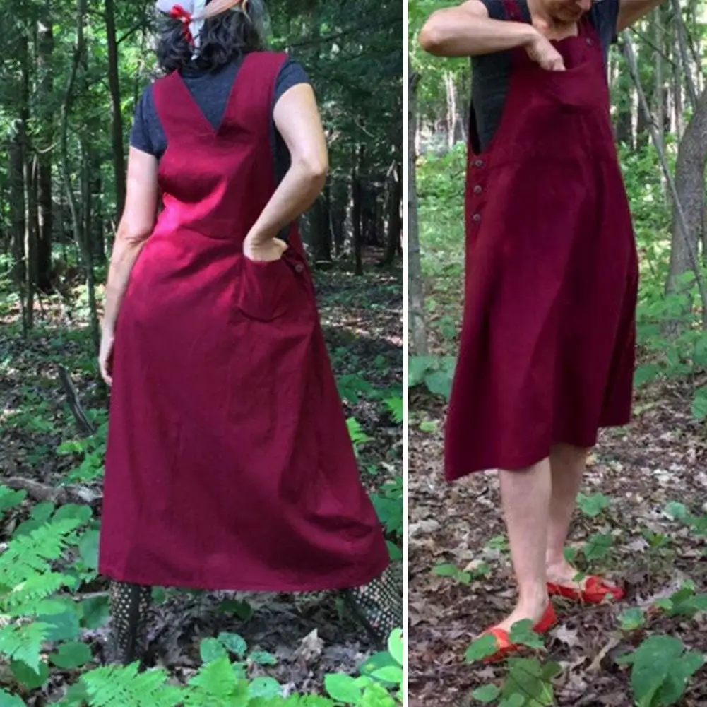 

Summer Maxi Dress Vintage Cotton Linen Dress Summer Casual Women's Calf-length Strap Dress with Pocket for Streetwear Leisure