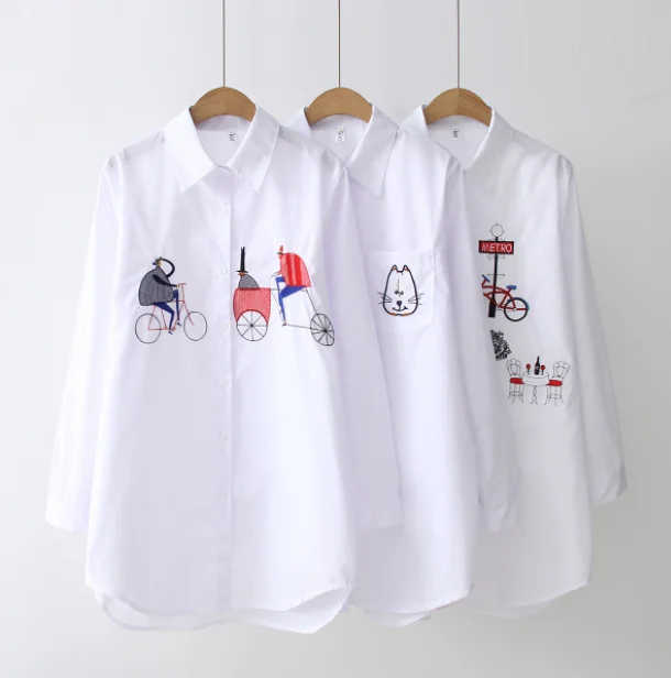 2022  White New Women Blouse Long Sleeve Cotton Embroidery Blouse Lady Casual Button Design Turn Down Collar Female Shirt