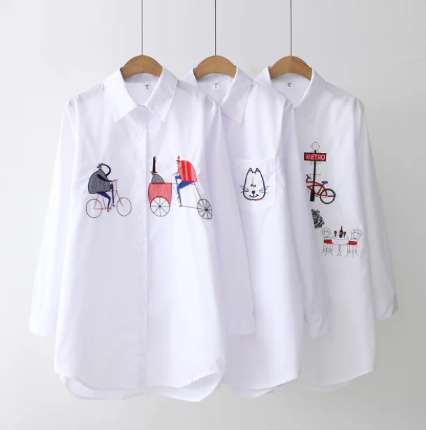 

2022 White New Women Blouse Long Sleeve Cotton Embroidery Blouse Lady Casual Button Design Turn Down Collar Female Shirt