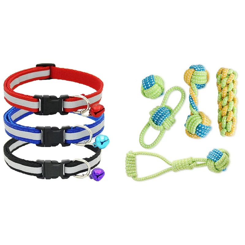 

3X Adjustable Reflective Pet Collar Safety Buckle With Bell & 5X Small Dog Puppy Rope Chew Toys Teething Clean