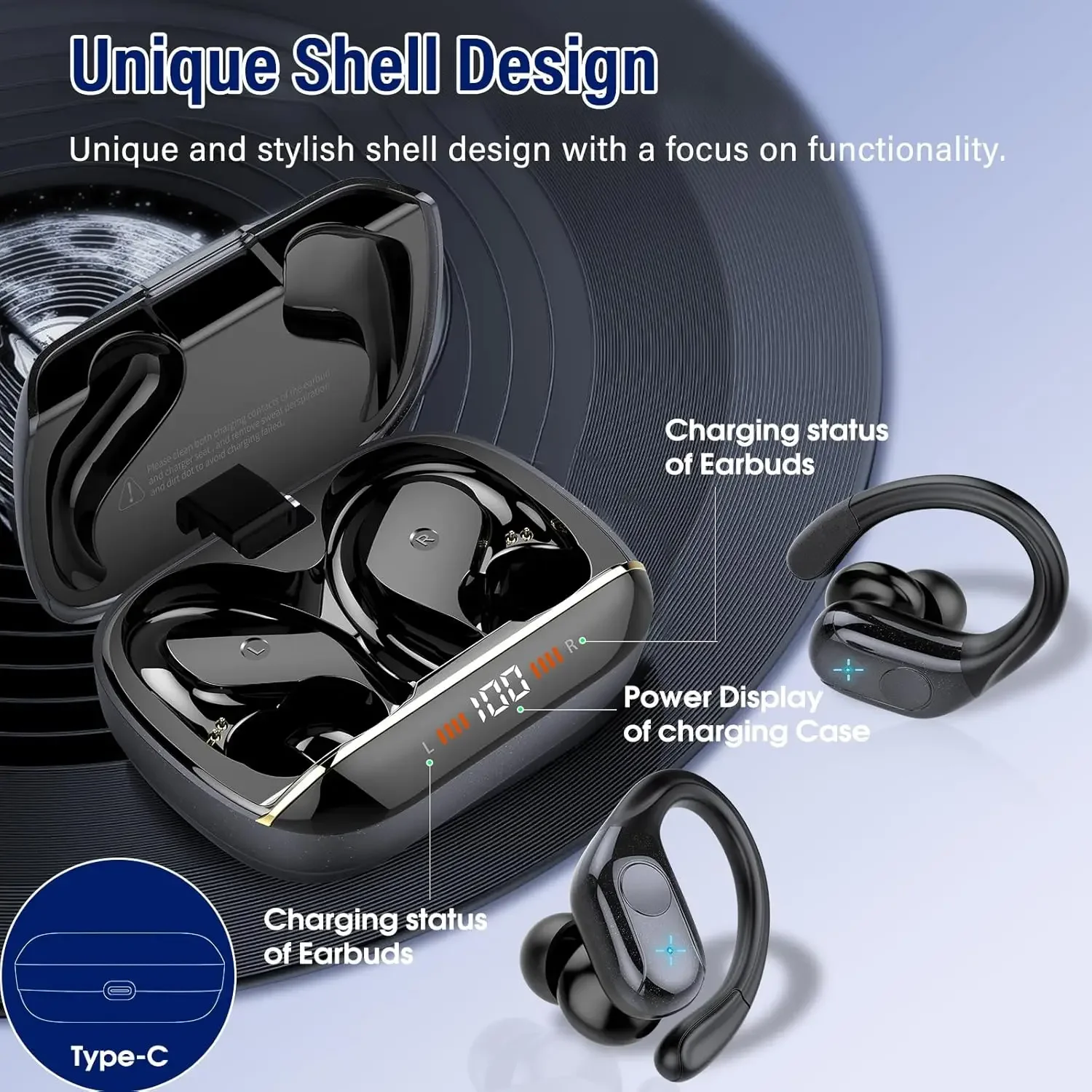 Фото T12 TWS Bluetooth наушники с микрофоном спортивные ушные крючки светодиодный дисплей беспроводные наушники Hi-Fi стерео наушники IPX7 водонепроницаемые гарнитуры №3