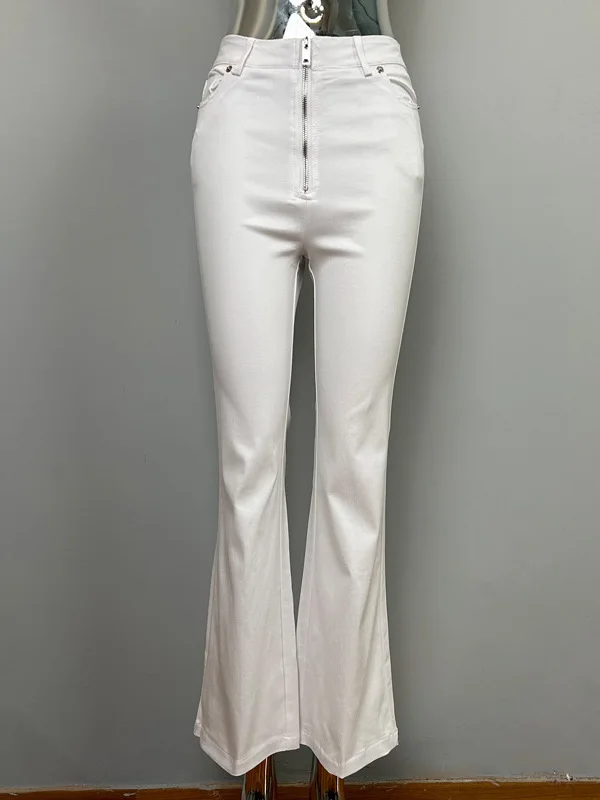 Летние корейские однотонные облегающие длинные брюки на молнии с высокой талией