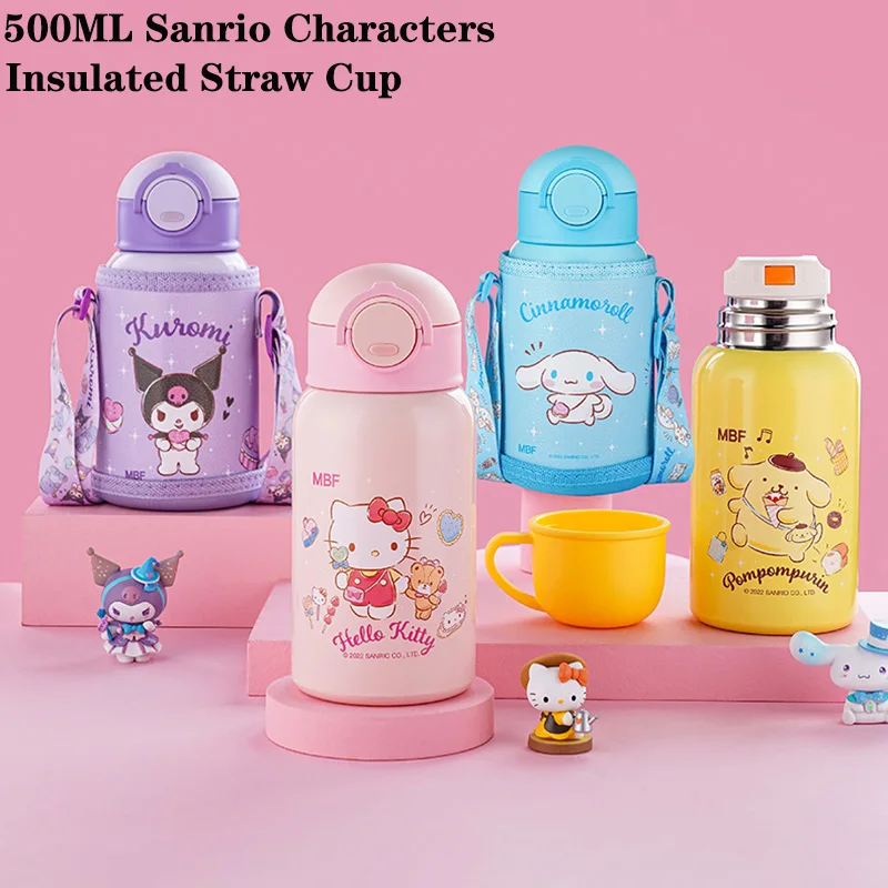 

500ML Kawaii Sanrio Hello Kitty Kuromi My Melody Cinnamonroll Straw Cup Cute Children Student Stainless Steel Thermos Cup
