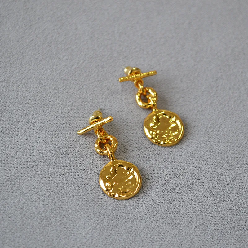 

vintage irregular OT buckle gold coin simple 925 silver pin stud earring elegant women french romance metal stylish eardrop