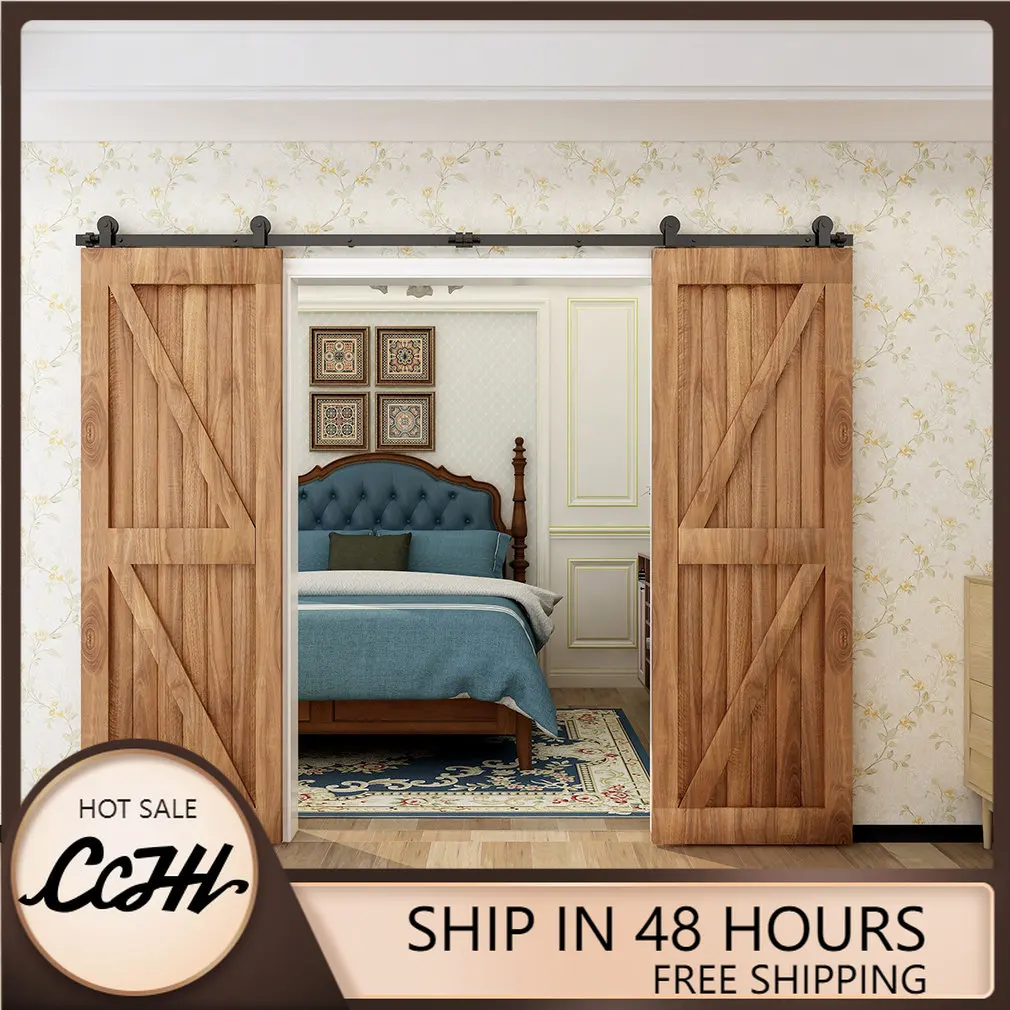

Sliding Barn Door Hardware Kit 122cm-610cm Rail System Industrial Track T Style Roller Hanger for Double Wood Doors 4FT-20FT