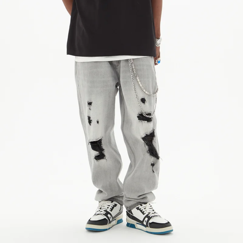 Men's Jeans Ripped Light Grey Front and Back Men and Women Clothing Hip Hop Y2k Pants Men Streetwear Brand High Quality Jeans