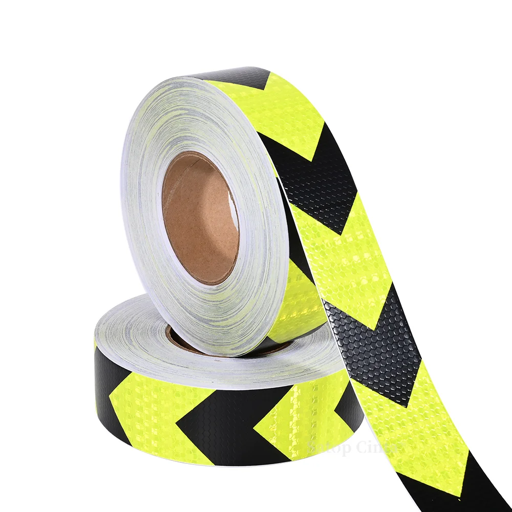 

5CM Wide Conspicuity Fluorescent Yellow Black Reflective Stickers Arrow Design Hazard Warning Caution Tapes 50M For Bicycle Car