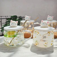 3d cat large capacity glass juice flower tea milk coffee cup lovely flower breakfast cup with lids spoon drinking glasses mug