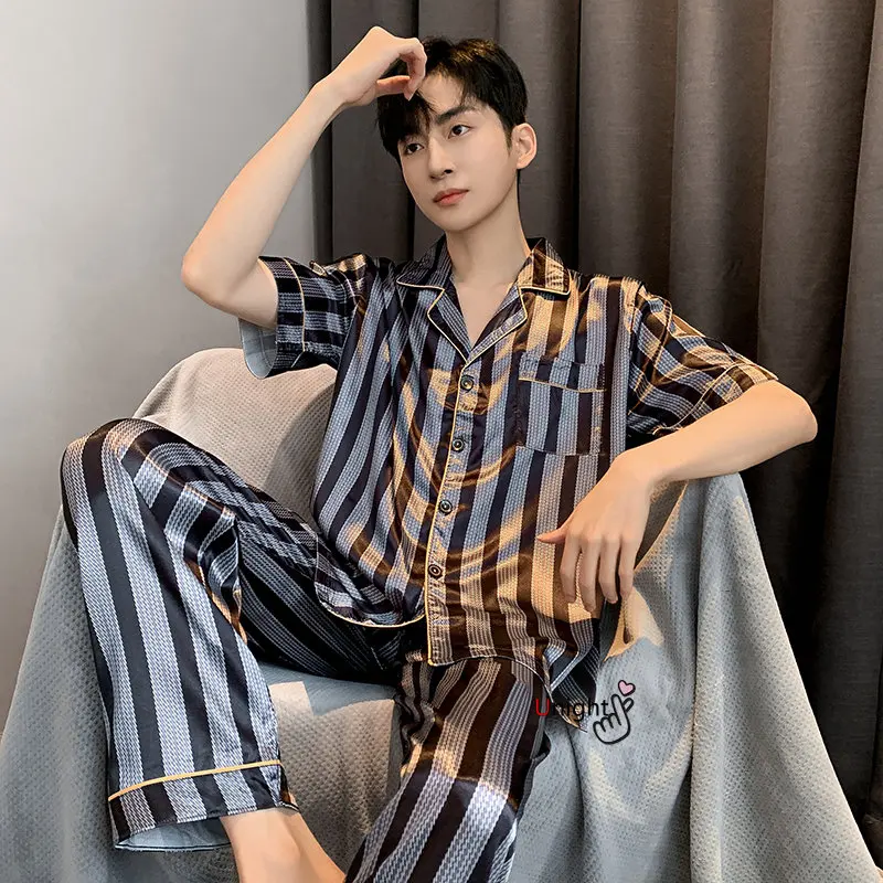 Spring Summer Man Pajama Sets Silk Sleepwear Pajamas for Men Plus Size Home Clothing Pyjamas Suit Home Wear Loungewear Homesuits