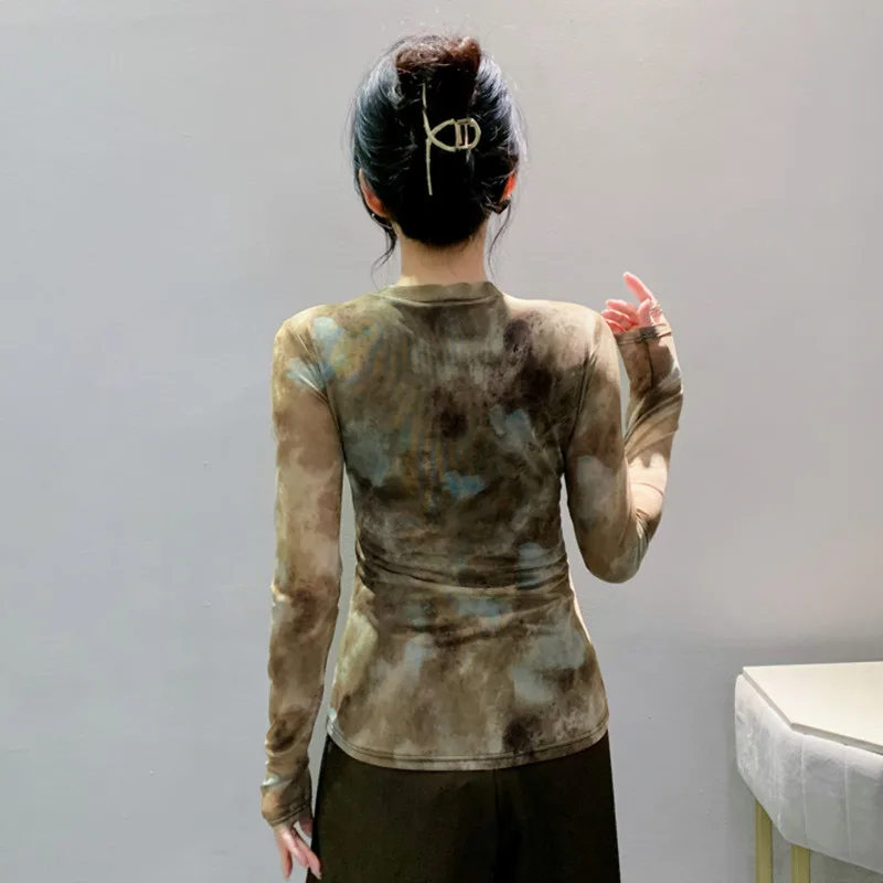 #8636 весенне-осенняя Сетчатая футболка с принтом Женская винтажная облегающая