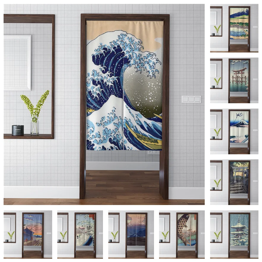 

New Ukiyo-e Wave Door Curtain Japanese Sushi Izakaya Partition Doorway Curtain Windproof Split Art Noren Wall Hanging Tapestry