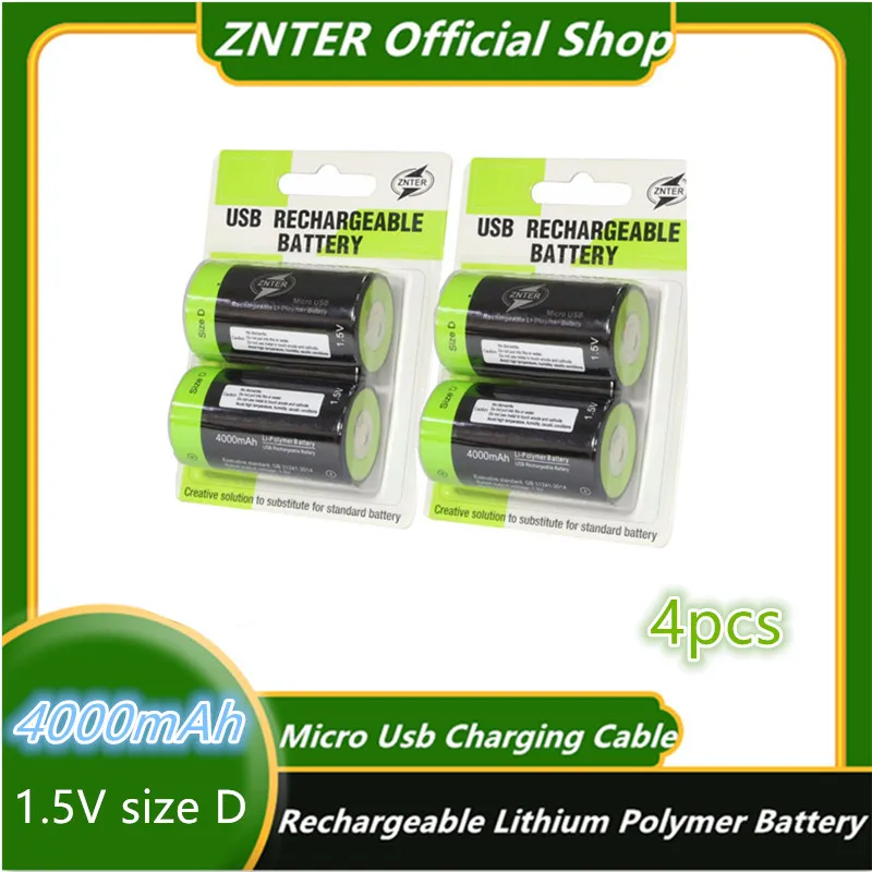 

ZNTER 4Pcs 1.5V 4000mAh Battery Micro USB Rechargeable Batteries D Lipo LR20 Battery For RC Camera Drone Accessories Drop ship