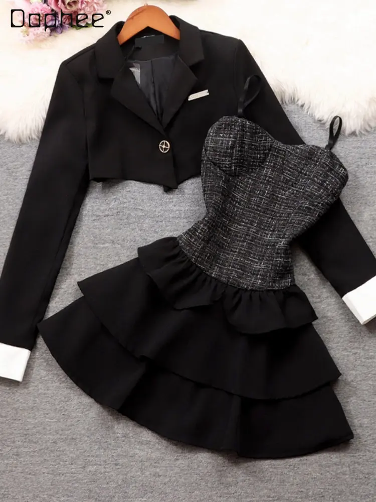 2022 Winter New Short Black Blazer Coat and Tweed Stitching Spaghetti-Strap Ruffle Dress Suit and Cake Dresses Two-Piece Suit