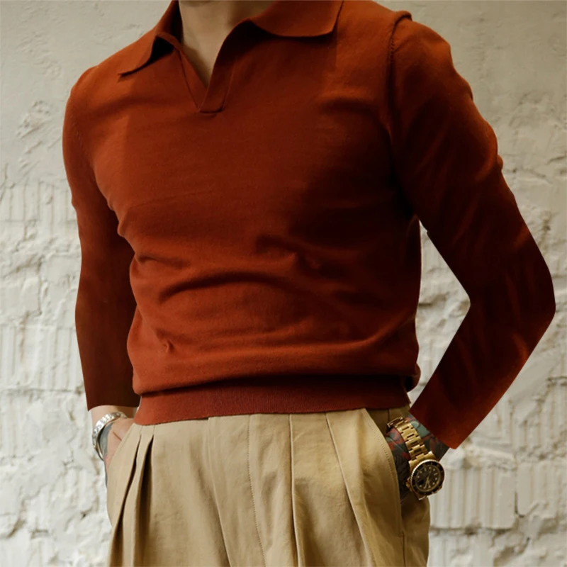 

Autumn Mens Knitted Polo Shirt Solid Long Sleeve Turn-down Collar Pullover Tops Casual Fashion Men Clothes Slim Polos Streetwear