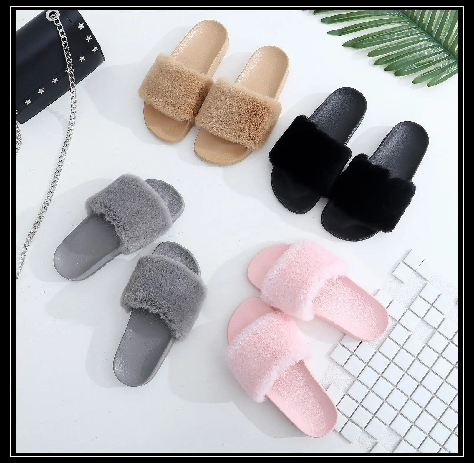 

2022 европейские и американские осенние и зимние женские модные меховые тапочки на плоской подошве 3182