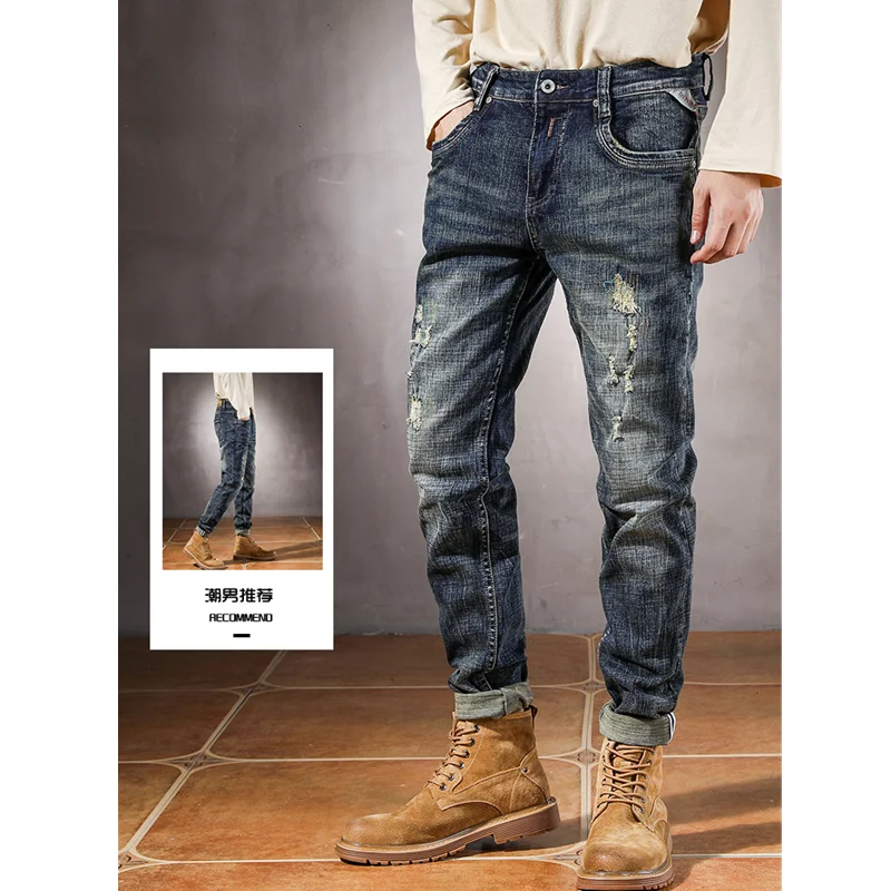 Streetwear Men Autumn and Winter New Pattern Self-cultivation Elastic Force Blue Pencil Pants Recreational Ripped Jeans Female