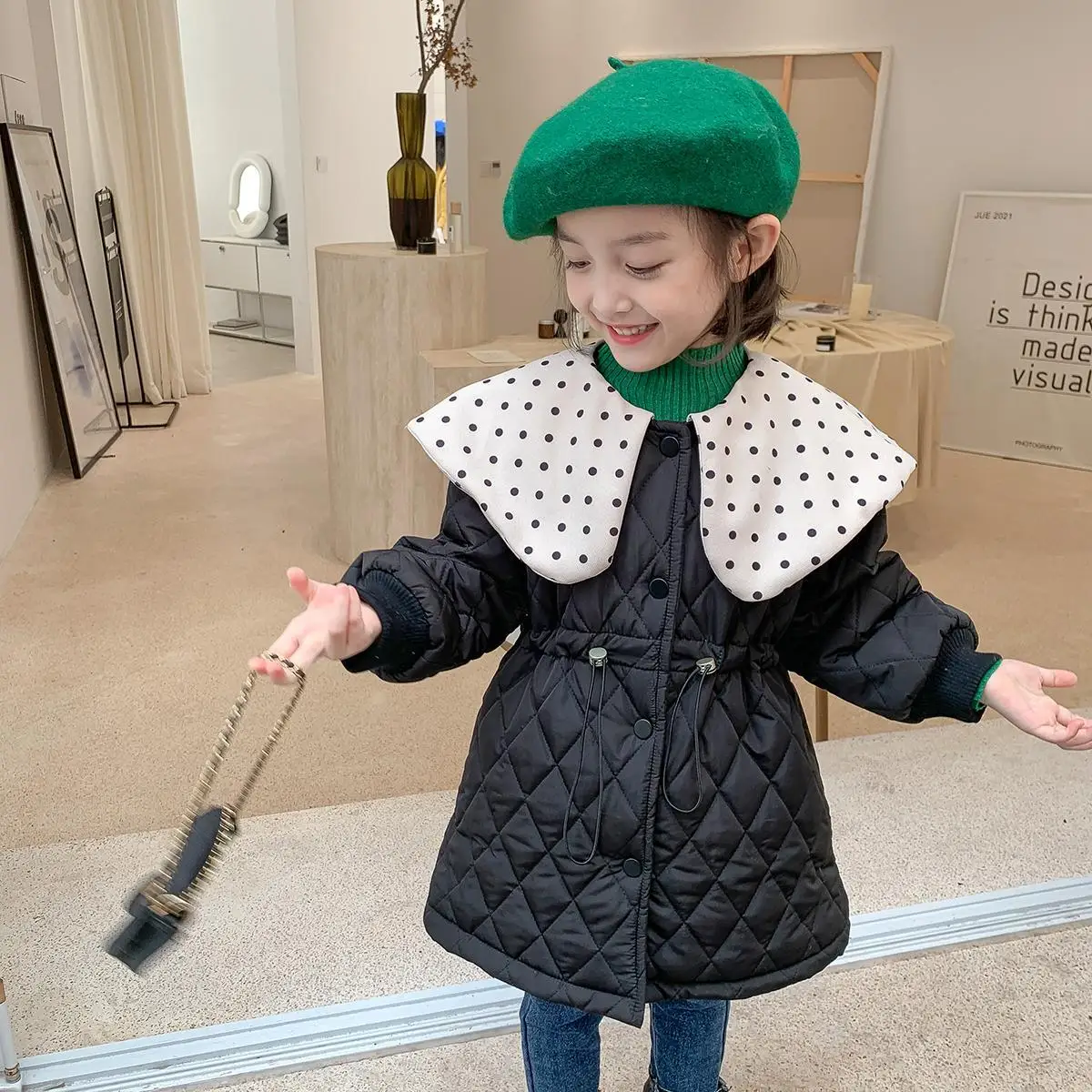 

Korean Winter Baby Girls Cotton Thicken Long turn-down collar Dot Coat Children Overcoat Kids Warm Princess Outerwear Jacket