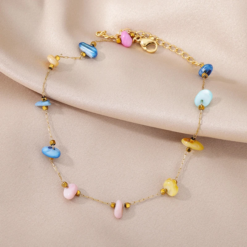 

Stainless Steel Natural Resin Stone Anklets for Women Enamel Round Leg Chain Anklets Bracelet Summer Beach Foot Jewelry Gift
