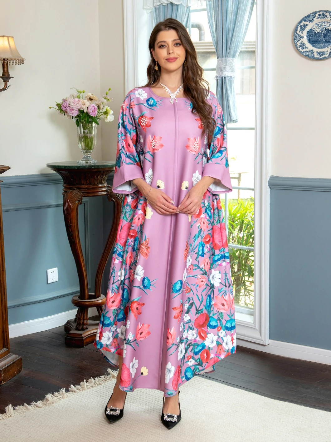 Vestidos Eid Muslim Women 2023 Beading Floral Print Dress Abaya Party Dresses Dubai Arab Turkey Ramadan Abayas Caftan Kaftan