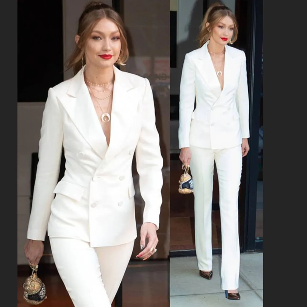 2021 Newest White Women's Suit Female Office Work Uniform Ladies Formal Pants Suit Double Breasted Women's Tuxedo 2 Pieces