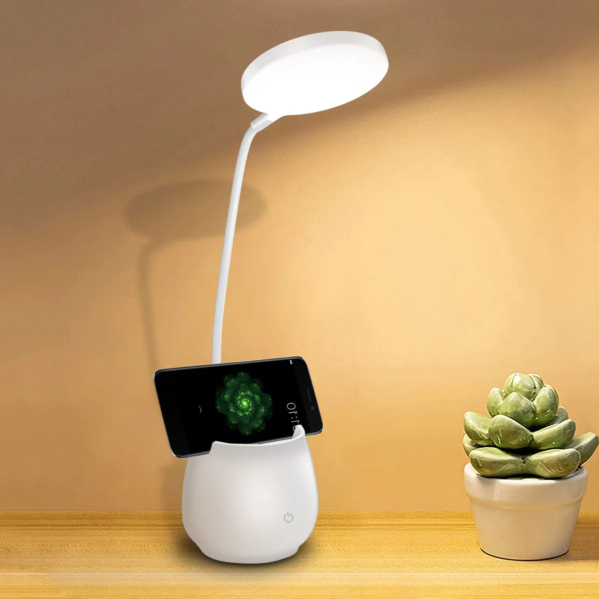 

LED Desk Lamp USB Rechargeable Small Table Light with Pen/Phone Holder 360° Adjustable Touch Control Reading Lamp Bedside Lamp