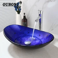 OUBONI Blue Round Glass Bathroom Sink Tap Mixer Bath Set Basin Hand-Paint Art Tempered Glass Basin Vanity Chrome Polished Faucet