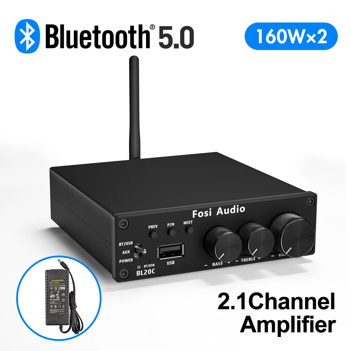 Fosi Audio-AMPLIFICADOR DE POTENCIA DE antena Bluetooth BL20C, 160W, HiFi 2,1, miniamplificador clase D, reproductor de disco en U para altavoz pasivo doméstico