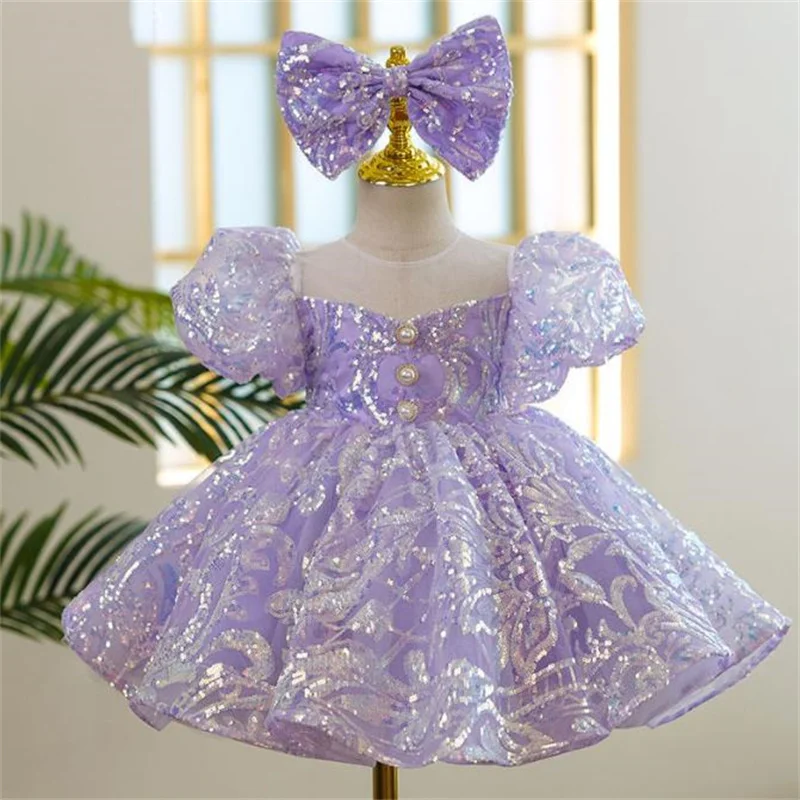 Girls Purple Party Dress 2022 New Piano Performance Princess Dress Sequin Fashion