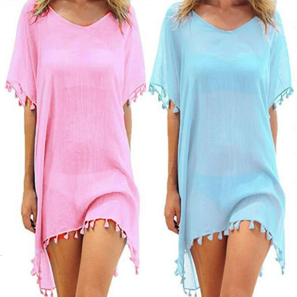 

Пикантное женское пляжное платье, однотонная шифоновая накидка с бахромой, Женская свободная пляжная одежда с круглым вырезом, пляжная оде...