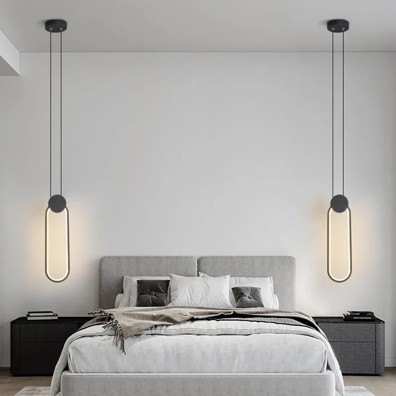 

Nordic Minimalist White Black Square Round Pendant Lamp Long lighting Wire Dimmable LED High Ceiling Hanging Light Bedside Decor