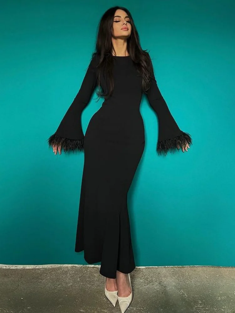 

Casual Feather Patchwork Long Spring Dress Streetwear Women Elegant Chic Bodycon Evening Party Black Dresses 2023 Y2K Female