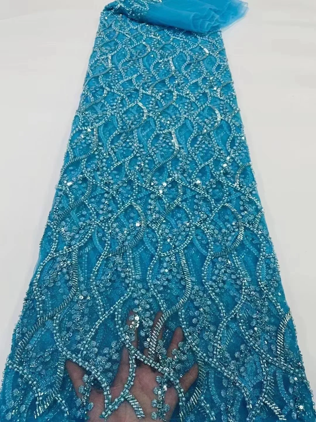

2022 New Design African Beads Lace Fabric blue High Quality Nigerian Groom Sequins French Lace Fabric For Wedding Party Sewing