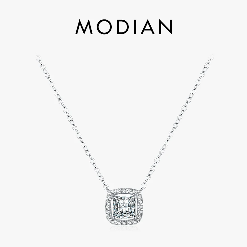 

Цепочка Modian из настоящего серебра 925 пробы Женская, изысканная квадратная подвеска с прозрачным кубическим цирконием, свадебные ювелирные украшения