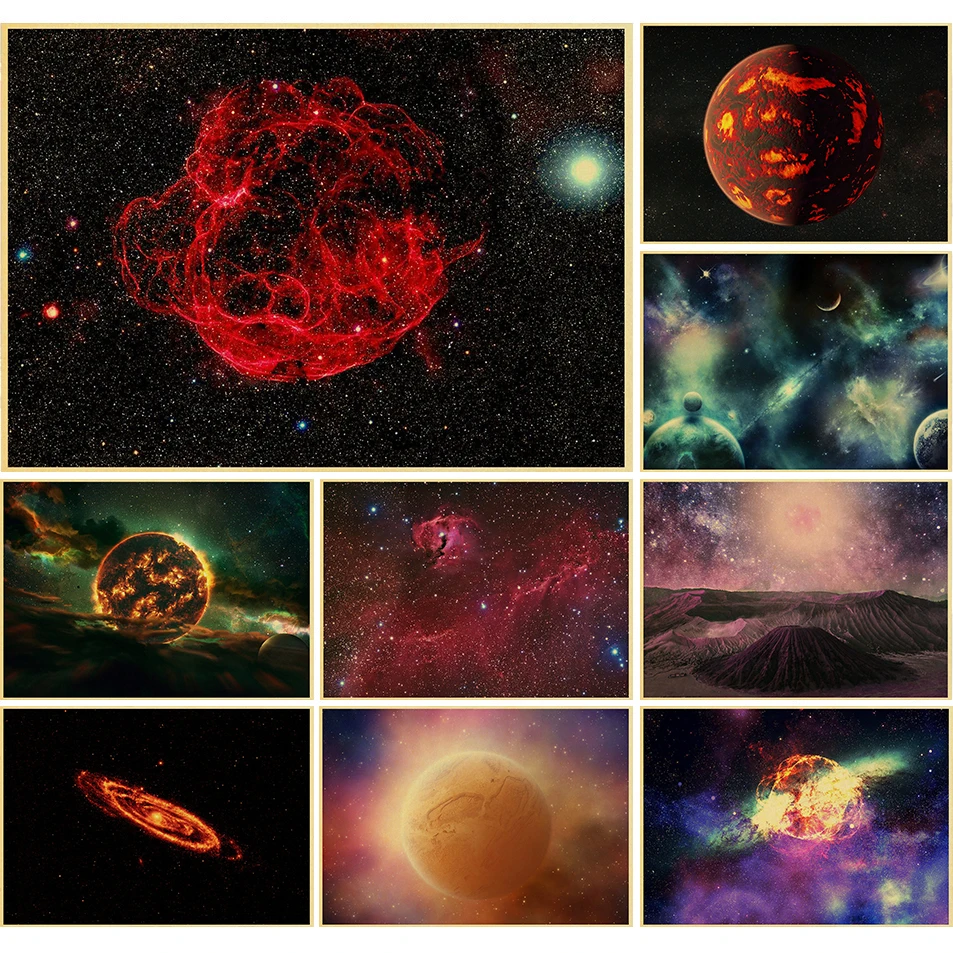 

Starry Universe Posters Sci-Fi Planet Retro Kraft Paper and Print Vintage Room Bar Cafe Living Room Decoration Art Wall Painting