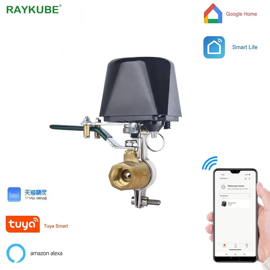 

RAYKUBE Tuya Smart Home Wireless Control Gas Water Valve Watering System WiFi Shut Off Controller Work with Alexa/Google Home