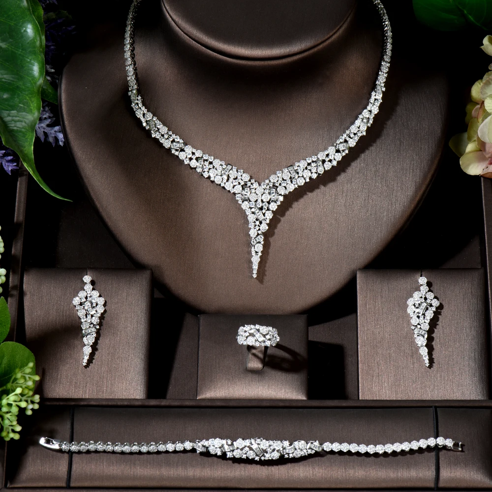 Fashion New Style Luxury Cubic Zircon 4pcs Set Hot Necklace Jewelery Bridal Sets for Women Wedding Jewelry Bijoux N-1410