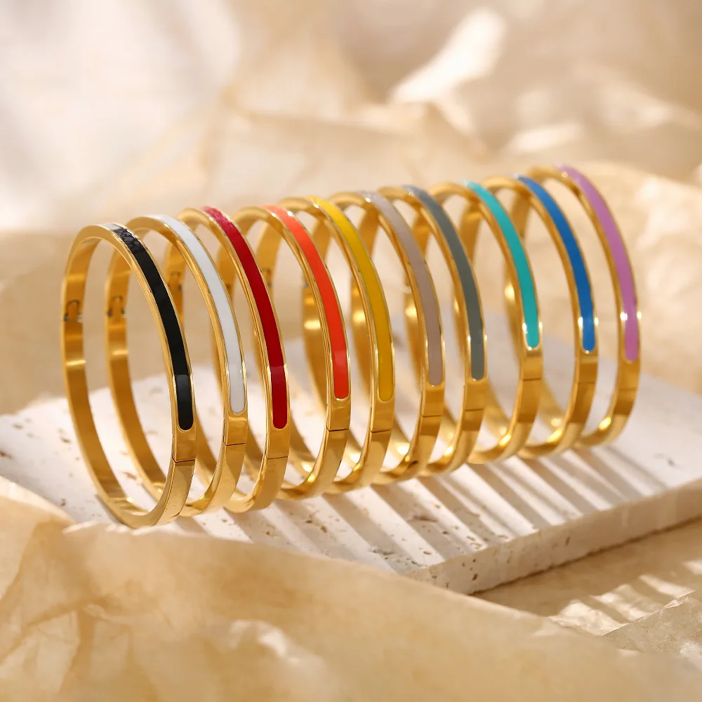Фото Luxury Colorful Orange Enamel Bangles Bracelets for Women Party Gift Fashion Bangles Original Stainless Steel Jewelry №1