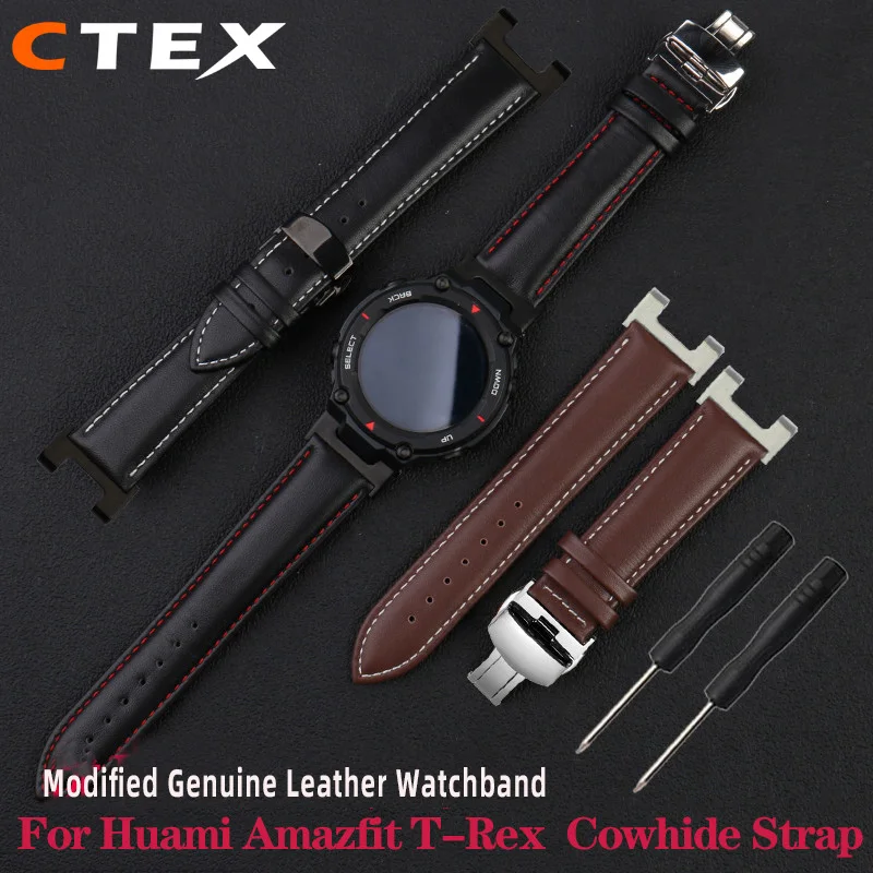 CTEX Genuine Leather Watchband For Amazfit T-Rex Huami Tyrannosaurus Rex Watch Band Cowhide Concave Fashion Strap Bracelet