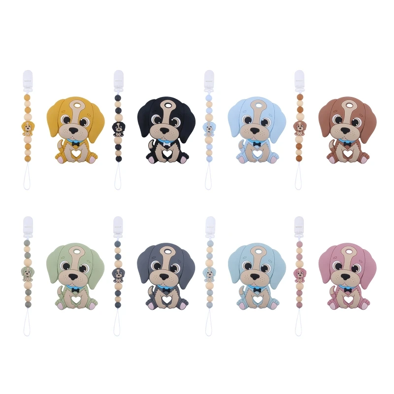 

New Cute Dog Silicone Pacifier Clip with Teether Set Teething Soothie Toy Pacifiers Chain Holder for Baby Girls Boys Infant