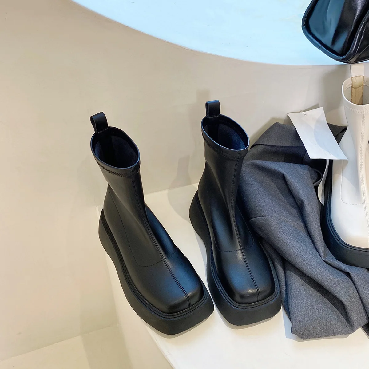 

Round Toe Women Ankle Boots Fashion Autumn Spring Stretch Shoes Platform Shoes Mid Heels Black Khaki White Ladies Sock Boots