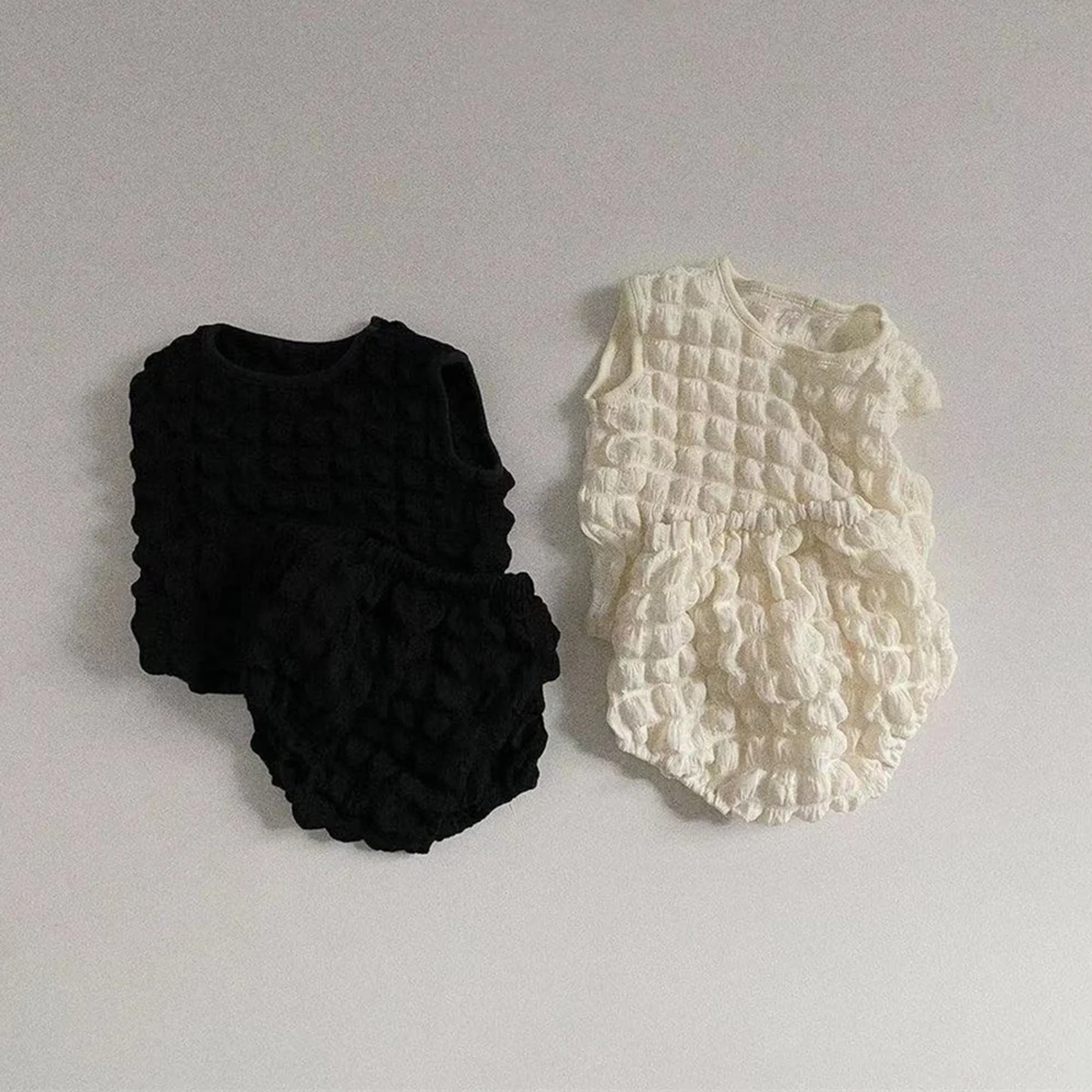 Summer Infant Boy Girl Clothing Set Bubble Crepe Fluffy Baby Sleeveless T-Shirt and Shorts Suit Soft Breathable Toddler Outfits